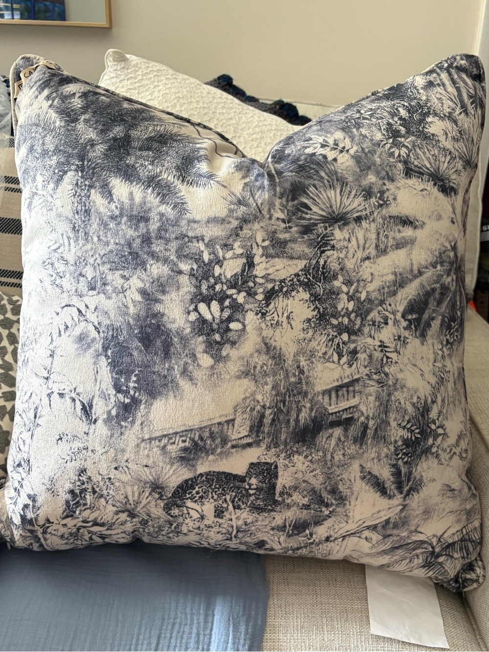 Callisto Home Decorative Blue and Cream Velvet Throw Pillow